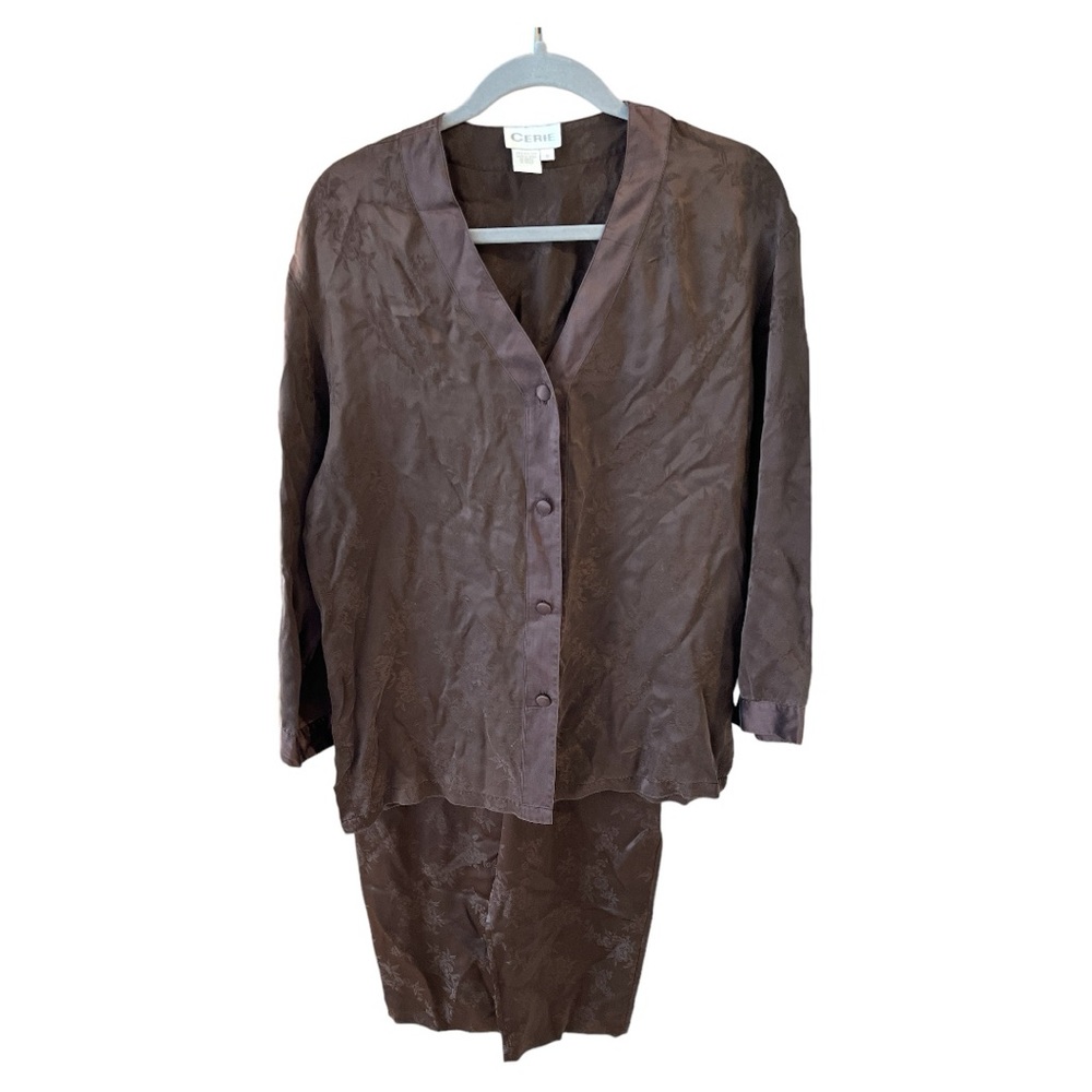 Cerie Vintage Y2K Brown Floral Jacquard Satin Pajama Lounge Set S